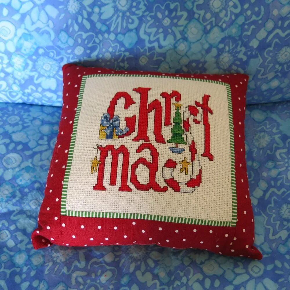 Handmade Handstitched Small Christmas Pillow Accent Cotton Holiday Home Décor
